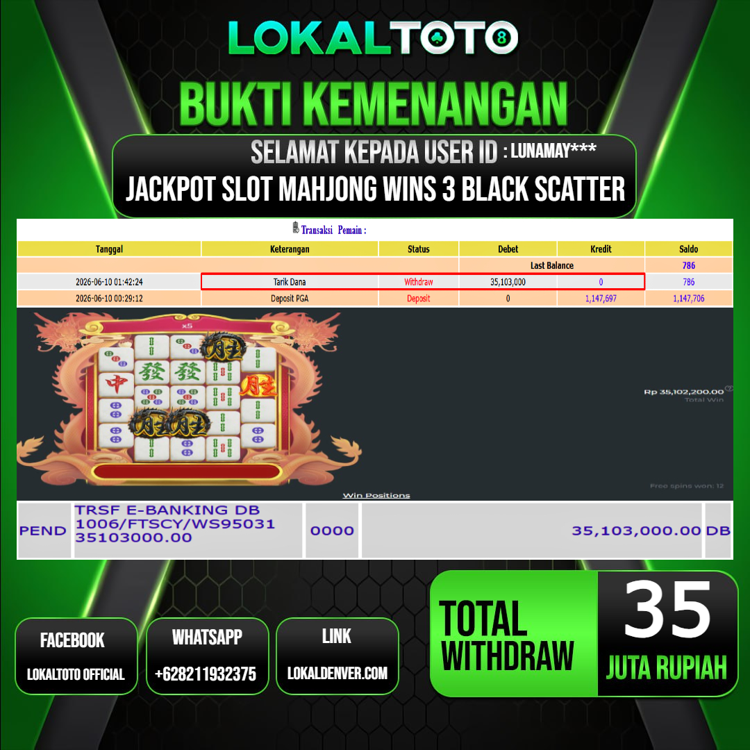 LOKALTOTO  JACKPOT SLOT MAHJONG WINS 3 BLACK SCATTER RP.35.000.000.,- LUNAS USER ID  : LUNAMAY***
