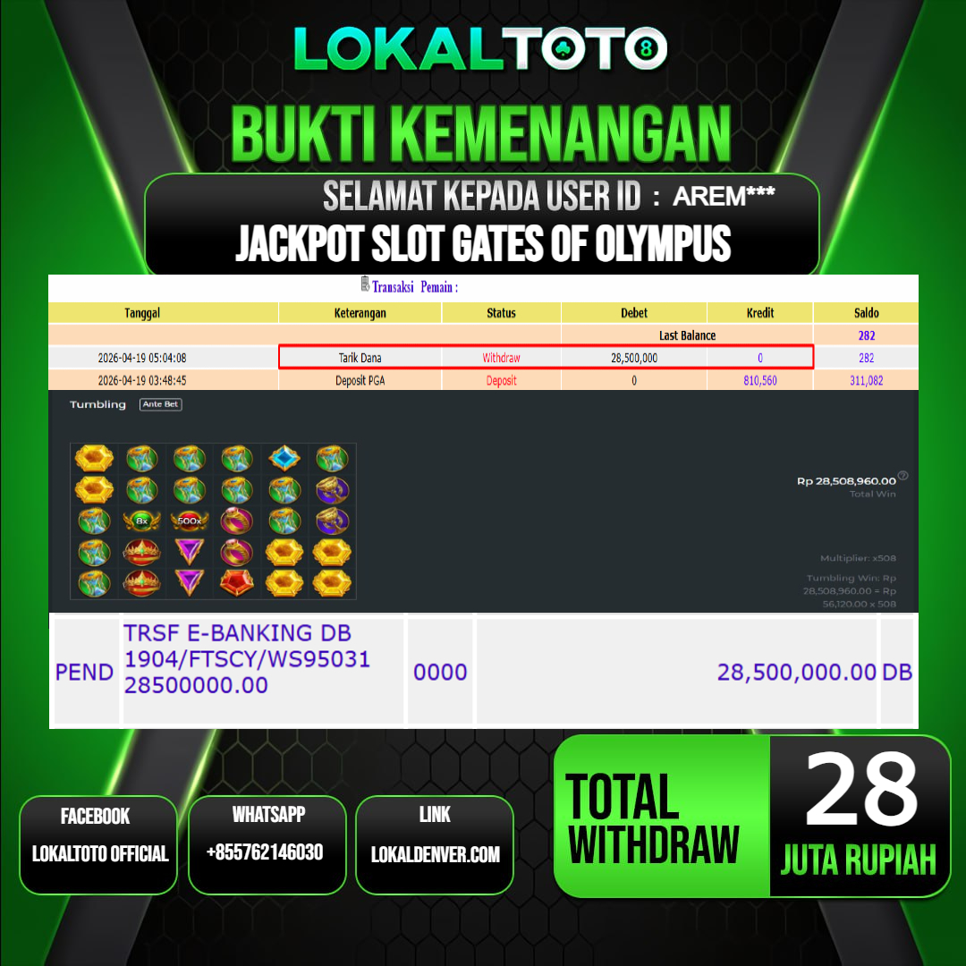 LOKALTOTO JACKPOT SLOT GATES OF OLYMPUS RP.28.000.000.,- LUNAS USER ID  : AREM***