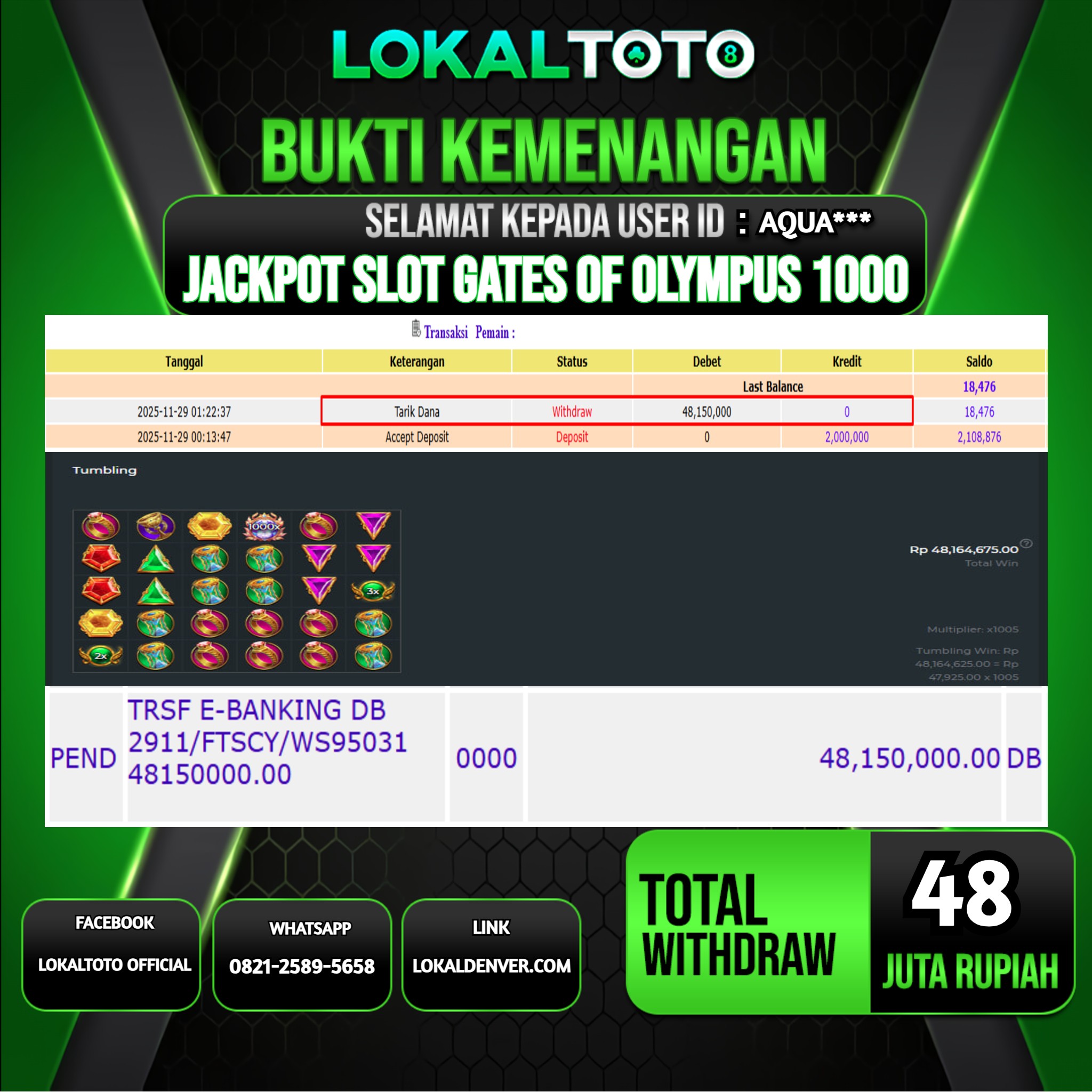 LOKALTOTO JACKPOT SLOT GATES OF OLYMPUS 1000 RP.48.000.000.,- LUNAS USER ID  :  AQUA***