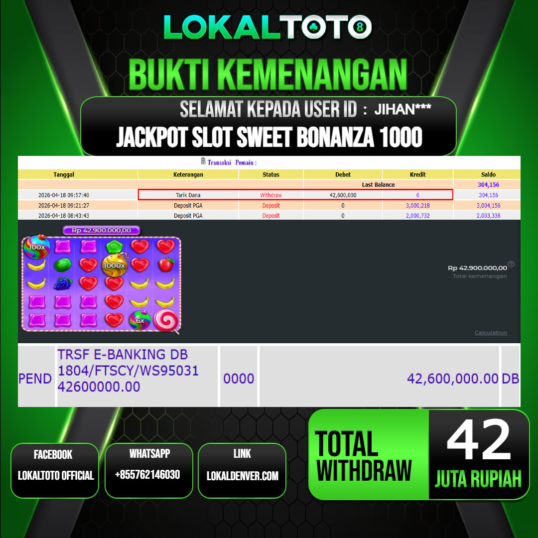 LOKALTOTO JACKPOT SLOT SWEET BONANZA 1000 RP.42.000.000.,- LUNAS USER ID  : JIHAN***