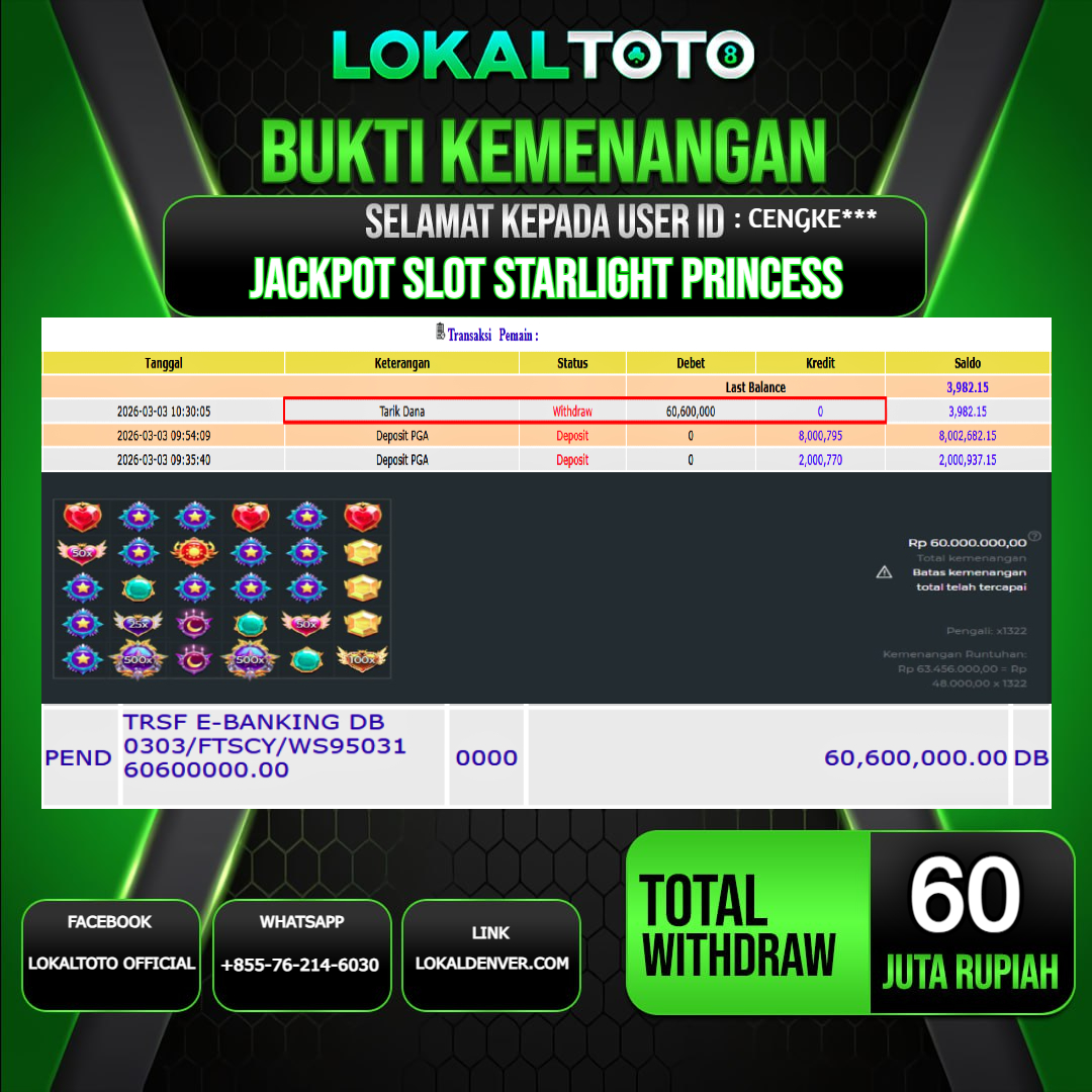 LOKALTOTO JACKPOT SLOT STARLIGHT PRINCESS RP.60.000.000.,- LUNAS USER ID  : CENGKE***