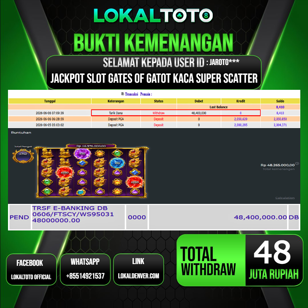LOKALTOTO  JACKPOT SLOT GATES OF GATOT KACA SUPER SCATTER RP.48.000.000.,- LUNAS USER ID  : JAROTO***