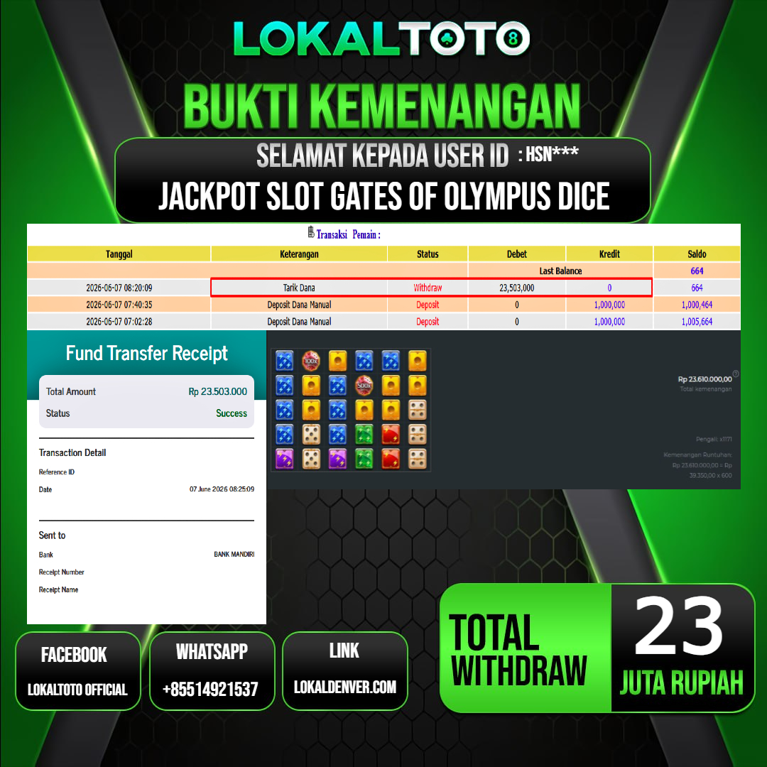 LOKALTOTO  JACKPOT SLOT GATES OF OLYMPUS DICE RP.23.000.000.,- LUNAS USER ID  : HSN***