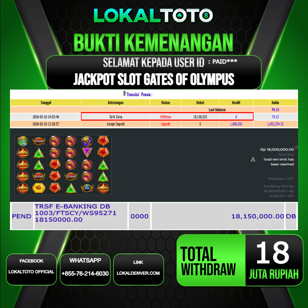 LOKALTOTO JACKPOT SLOT GATES OF OLYMPUS RP.18.000.000.,- LUNAS USER ID  : PAID***