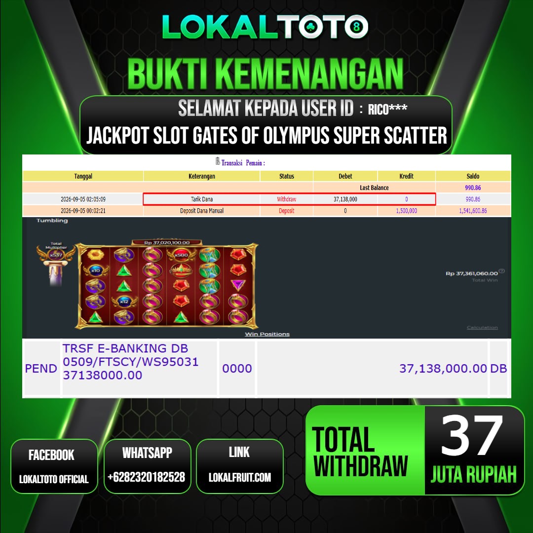 LOKALTOTO JACKPOT SLOT GATES OF OLYMPUS SUPER SCATTER RP.37.000.000.,- LUNAS USER ID : RICO***