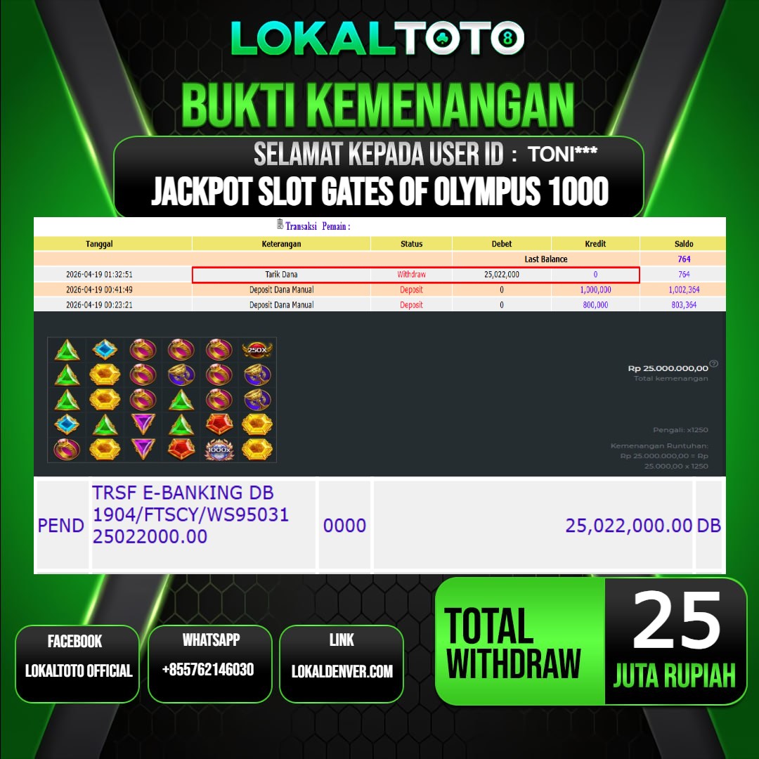 LOKALTOTO JACKPOT SLOT GATES OF OLYMPUS 1000 RP.25.000.000.,- LUNAS USER ID  : TONI***