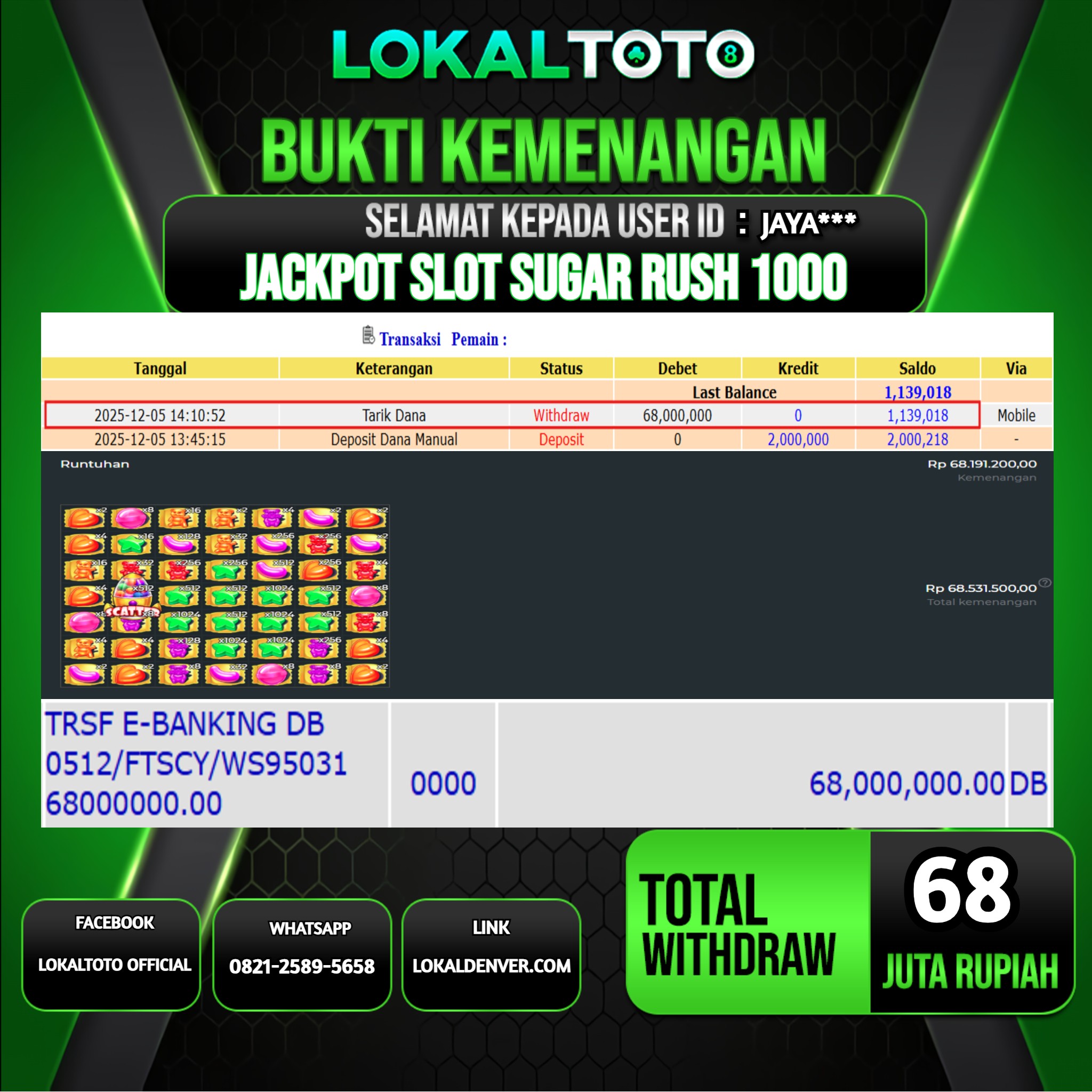 LOKALTOTO JACKPOT SLOT SUGAR RUSH 1000 RP.68.000.000.,- LUNAS USER ID  :  JAYA***