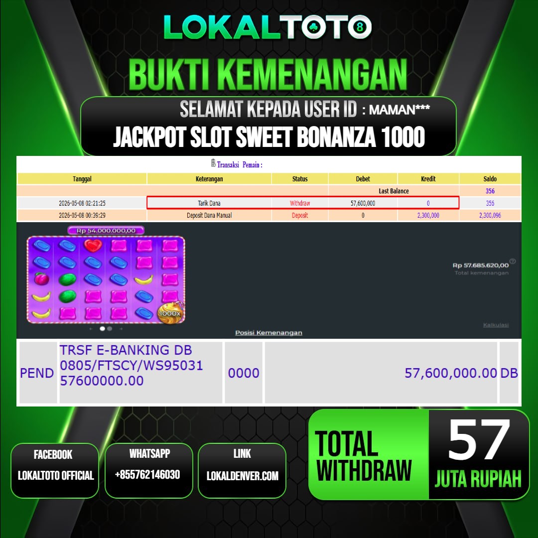 LOKALTOTO JACKPOT SLOT SWEET BONANZA 1000 RP.57.000.000.,- LUNAS USER ID  :  MAMAN***