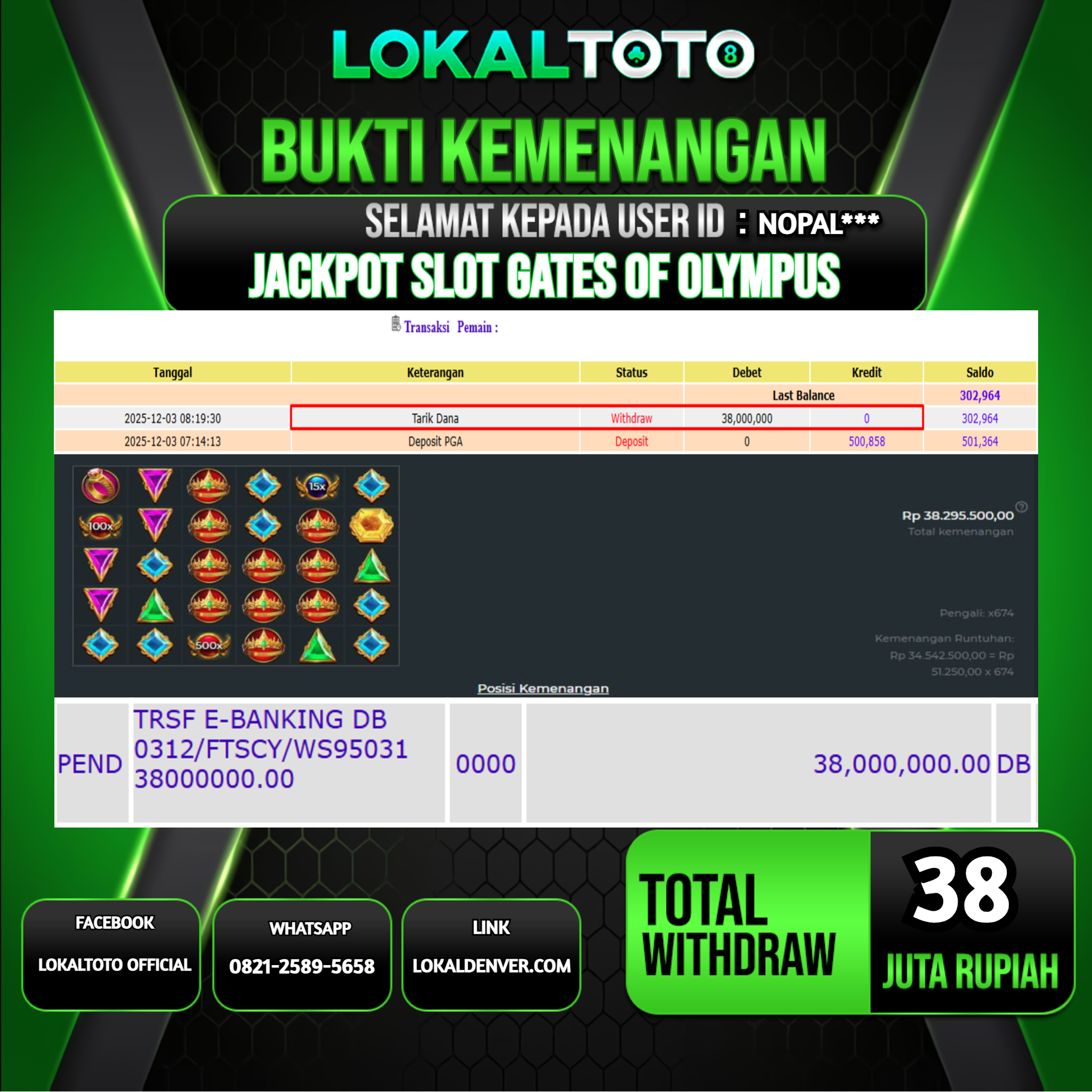 LOKALTOTO JACKPOT SLOT GATES OF OLYMPUS RP.38.000.000.,- LUNAS USER ID  :  NOPAL***