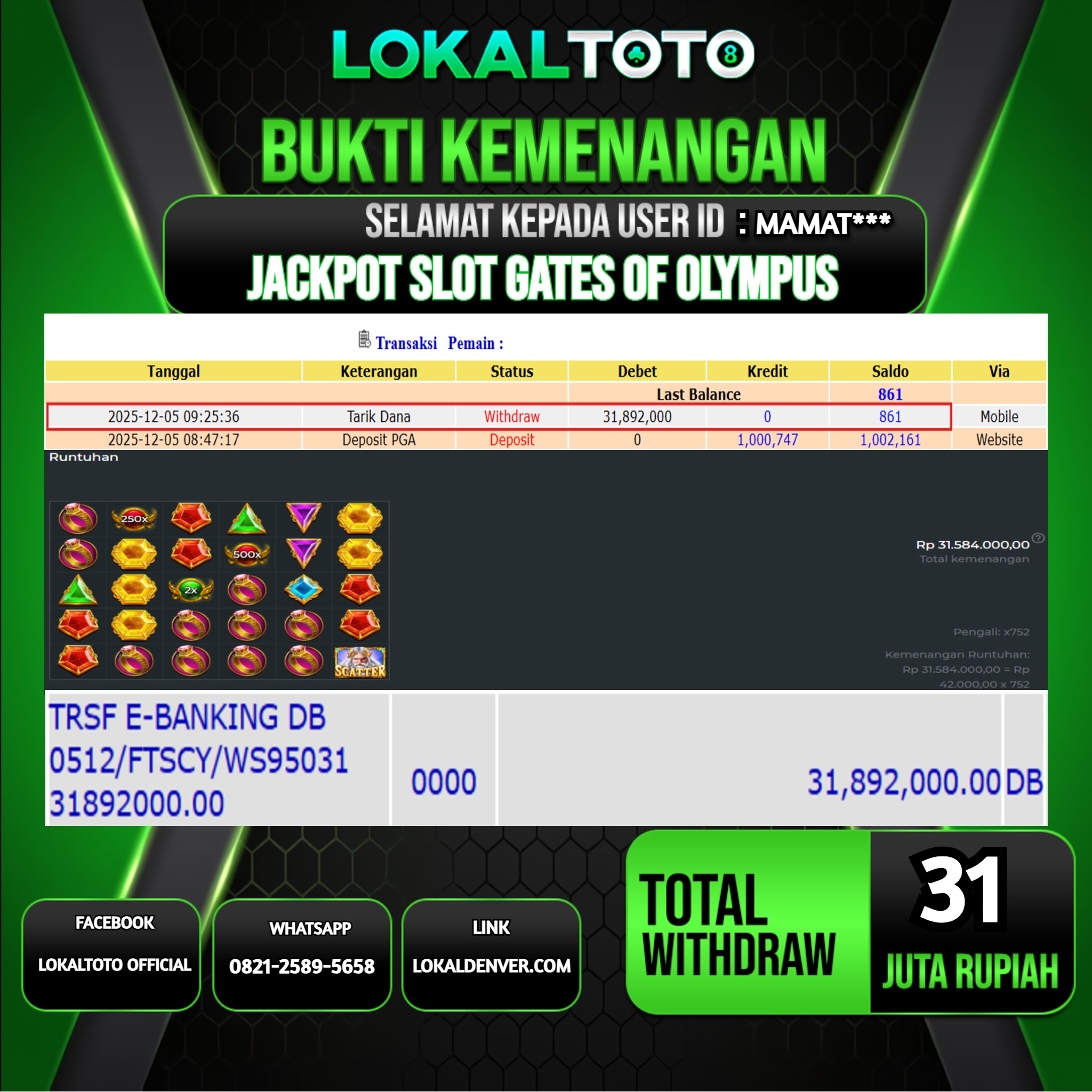 LOKALTOTO JACKPOT SLOT GATES OF OLYMPUS RP.31.000.000.,- LUNAS USER ID  :  MAMAT***