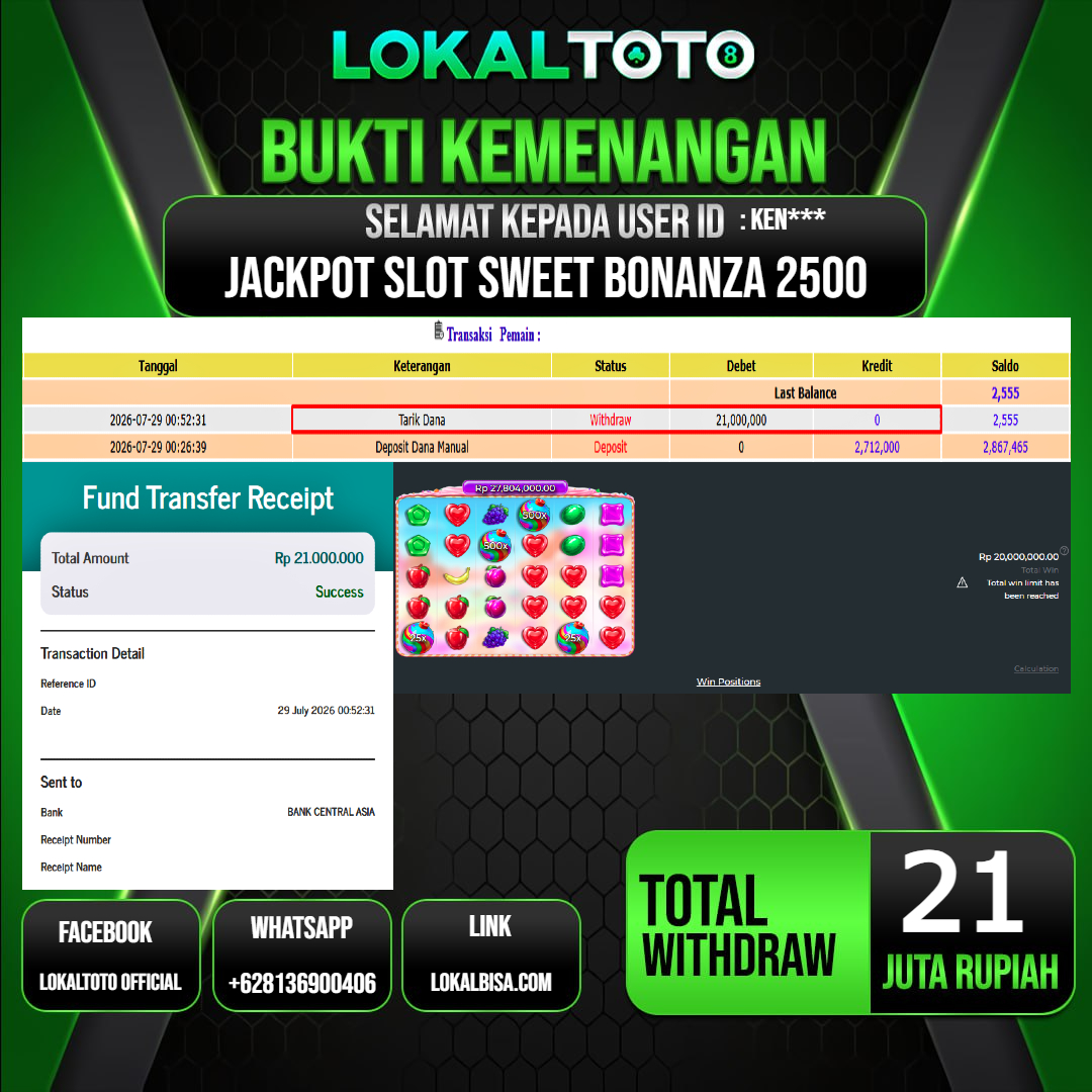 LOKALTOTO JACKPOT SLOT SWEET BONANZA 2500 RP.21.000.000.,- LUNAS USER ID : KEN***