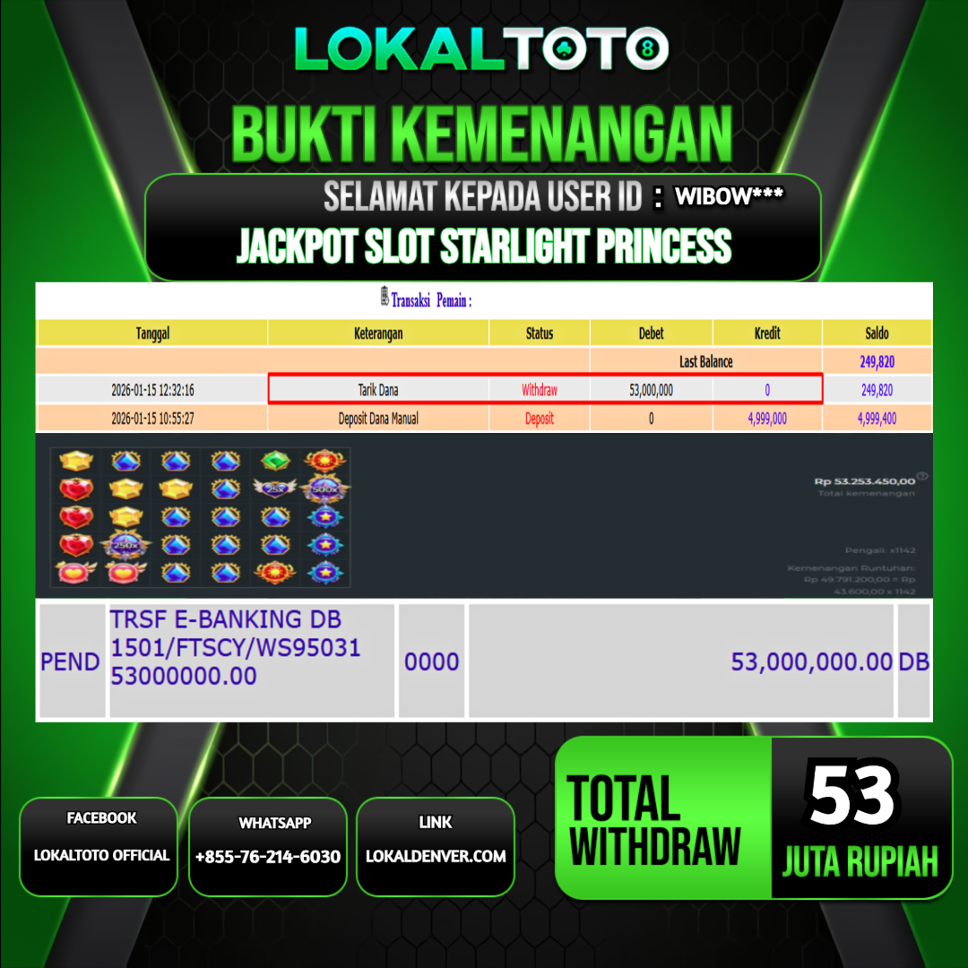 LOKALTOTO JACKPOT SLOT STARLIGHT PRINCESS RP.53.000.000.,- LUNAS USER ID  : WIBOW***