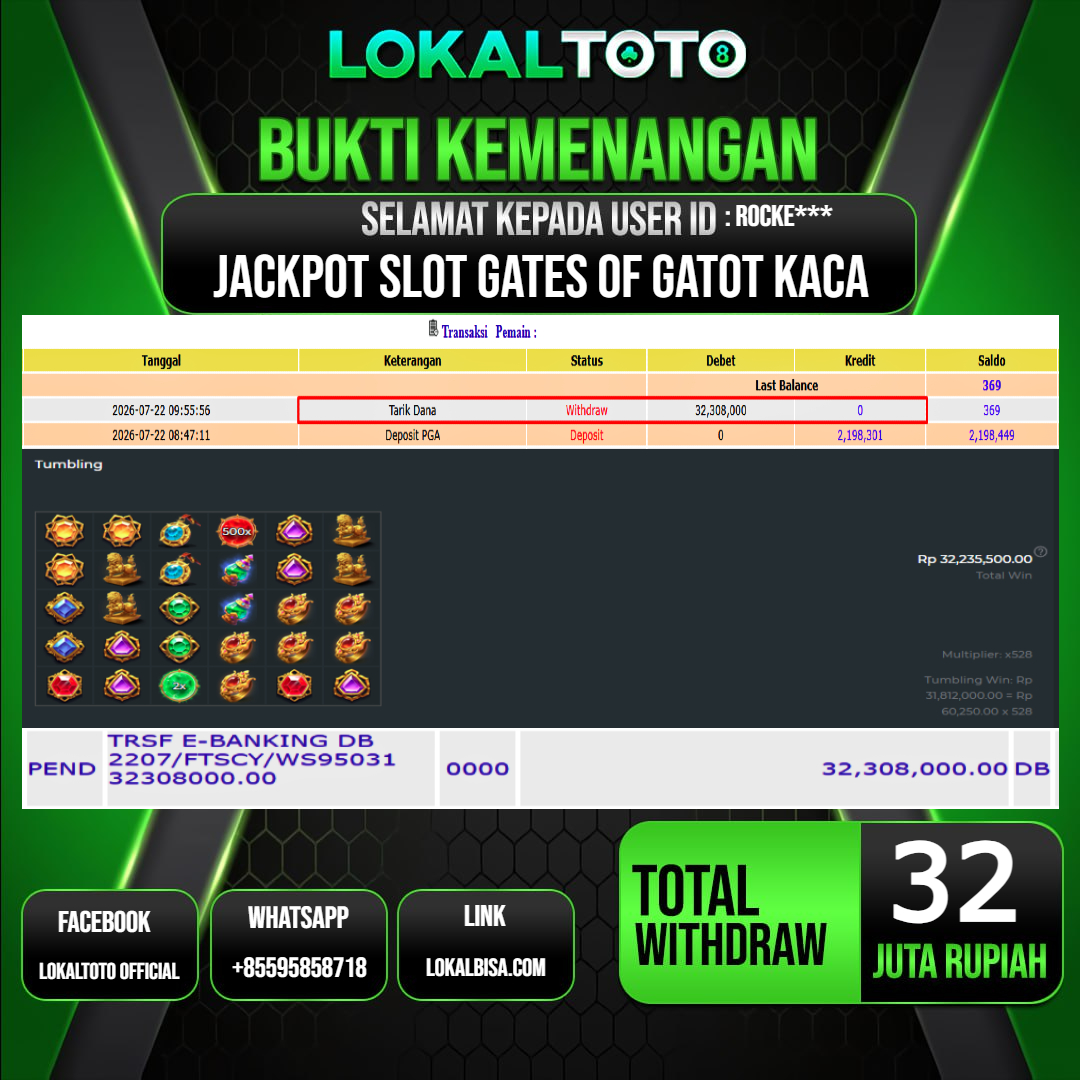 LOKALTOTO JACKPOT SLOT GATES OF GATOT KACA RP.32.000.000.,- LUNAS USER ID : ROCKE***