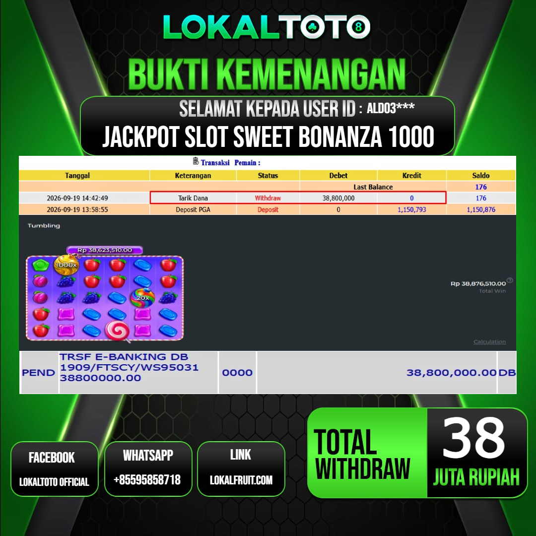 LOKALTOTO JACKPOT SLOT SWEET BONANZA 1000 RP.38.000.000.,- LUNAS USER ID : ALDO3***