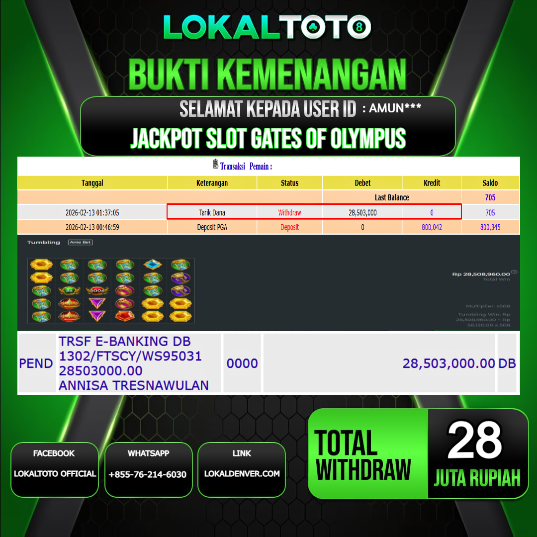 LOKALTOTO JACKPOT SLOT GATES OF OLYMPUS RP.28.000.000.,- LUNAS USER ID  : AMUN***