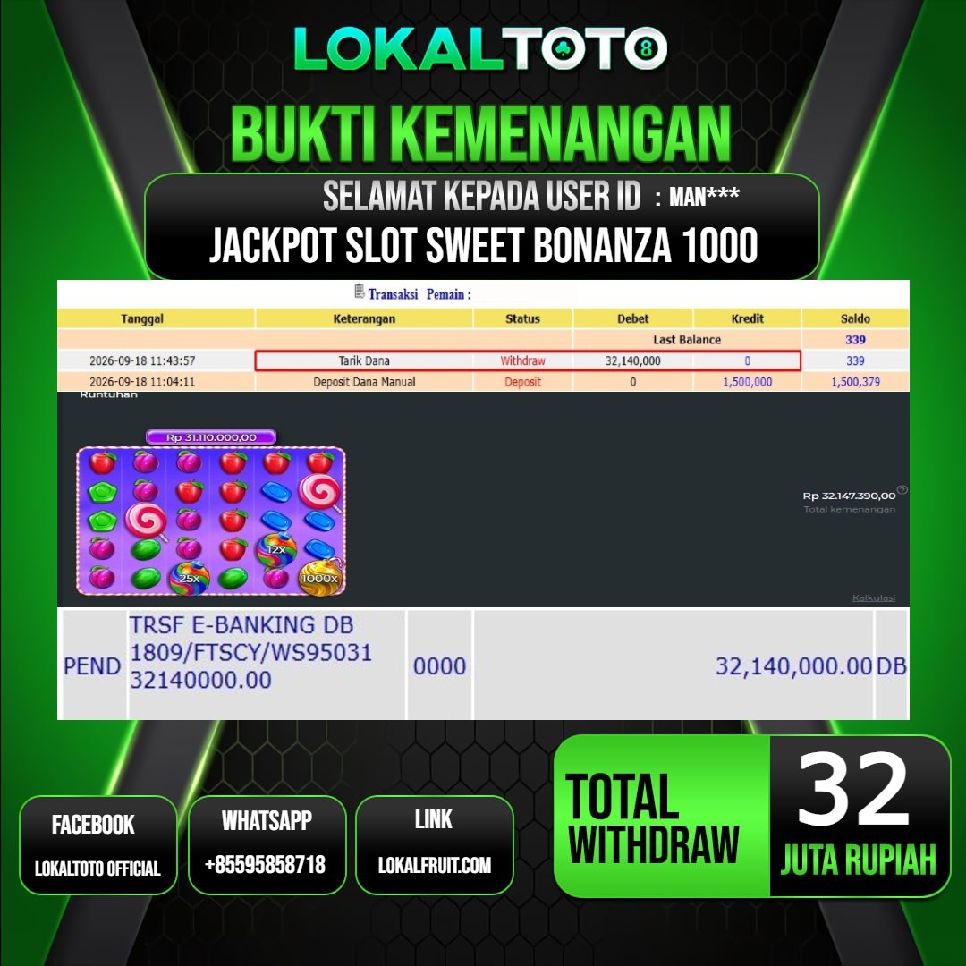 LOKALTOTO JACKPOT SLOT SWEET BONANZA 1000 RP.32.000.000.,- LUNAS USER ID : MAN***