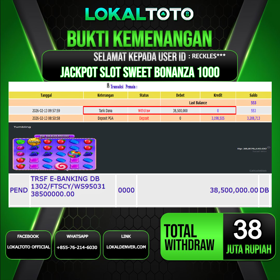 LOKALTOTO JACKPOT SLOT SWEET BONANZA 1000 RP.38.000.000.,- LUNAS USER ID  : RECKLES***