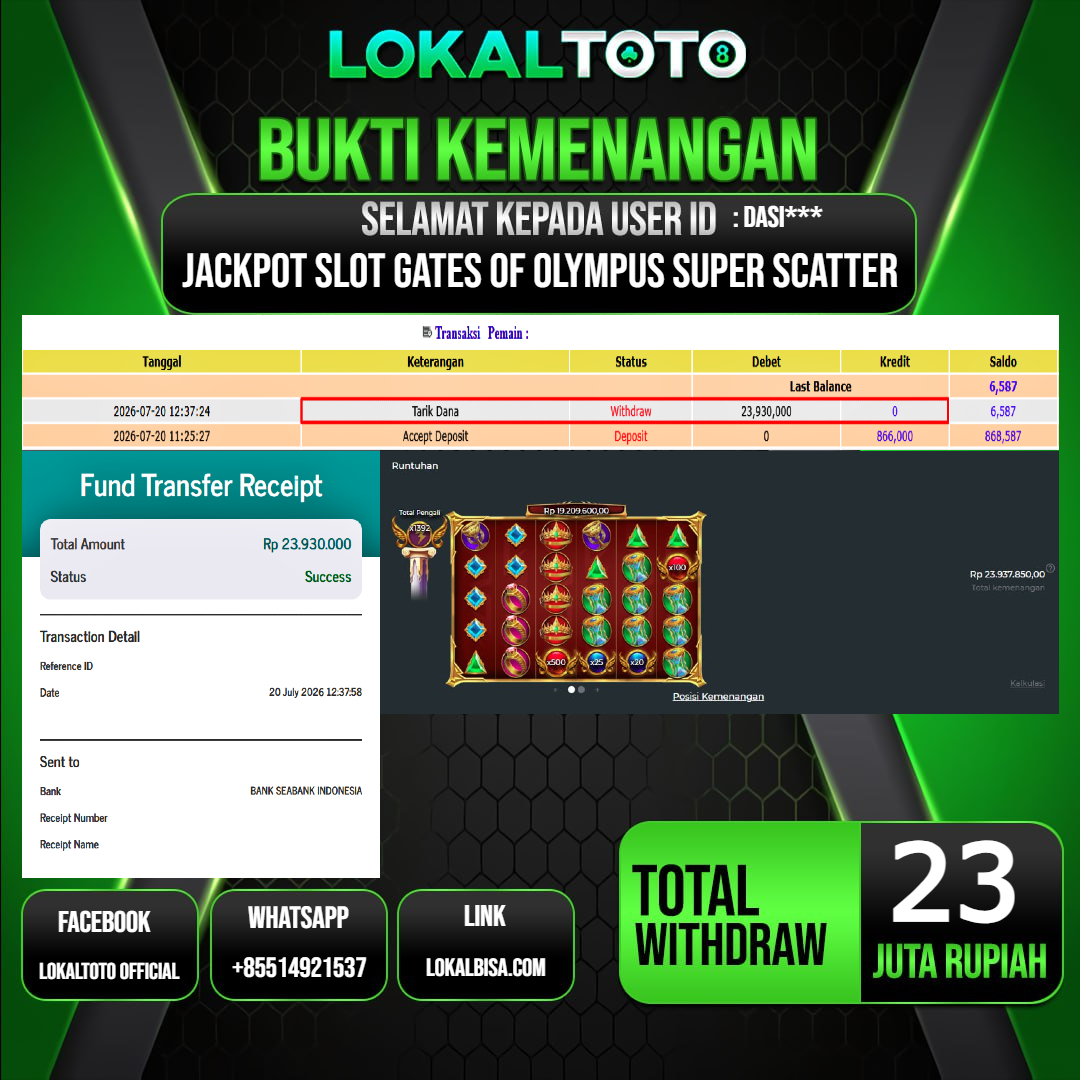 LOKALTOTO JACKPOT SLOT GATES OF OLYMPUS SUPER SCATTER RP.23.000.000.,- LUNAS USER ID : DASI***