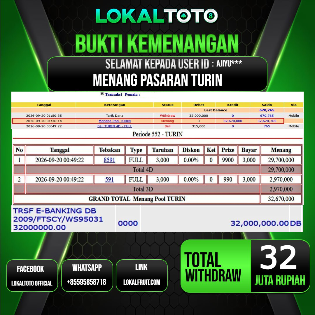 LOKALTOTO JACKPOT PASARAN TURIN RP.32.000.000.,- LUNAS USER ID : AJIYU***