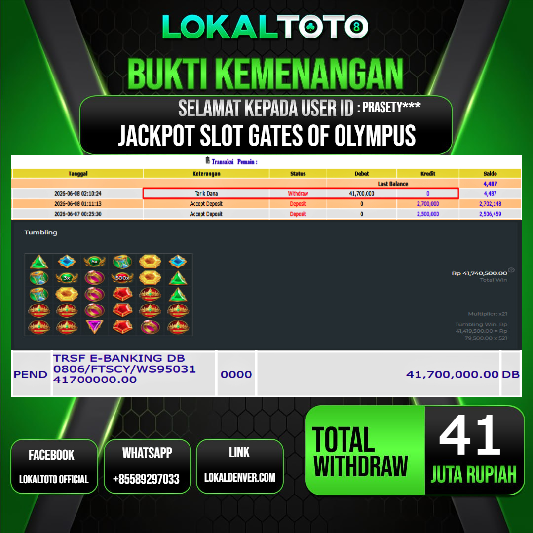 LOKALTOTO  JACKPOT SLOT GATES OF OLYMPUS RP.41.000.000.,- LUNAS USER ID  : PRASETY***