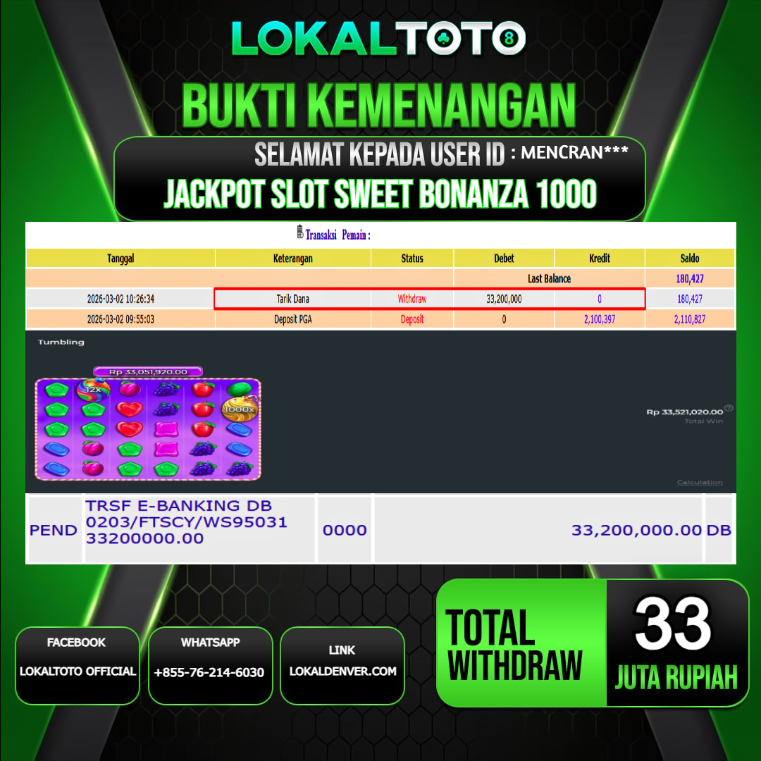 LOKALTOTO JACKPOT SLOT SWEET BONANZA 1000 RP.33.000.000.,- LUNAS USER ID  : MENCRAN***