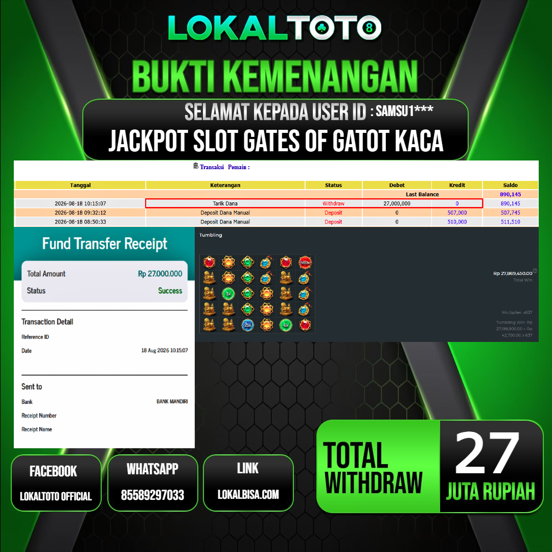 LOKALTOTO JACKPOT SLOT GATES OF GATOT KACA RP.27.000.000.,- LUNAS USER ID :  SAMSU1***