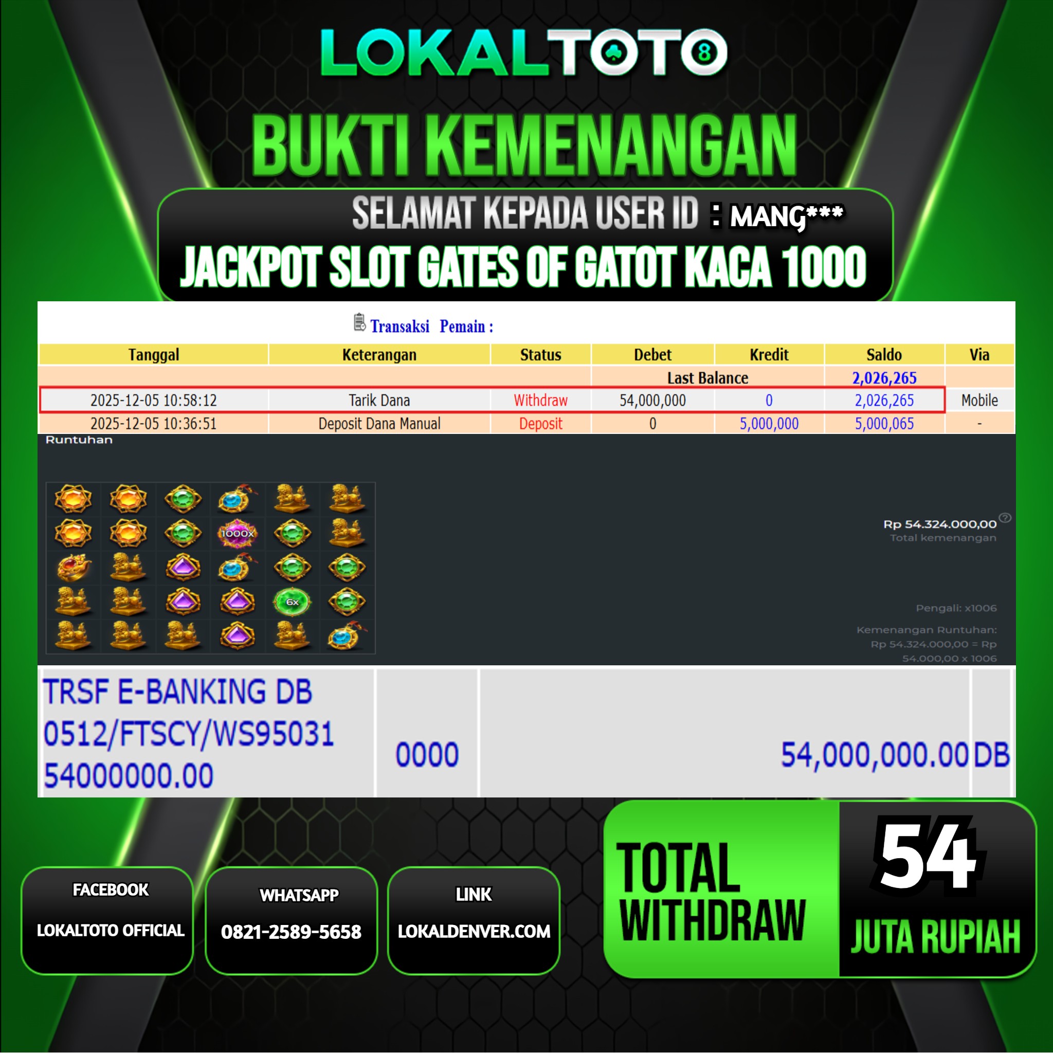 LOKALTOTO JACKPOT SLOT GATES OF GATOT KACA 1000 RP.54.000.000.,- LUNAS USER ID  :  MANG***