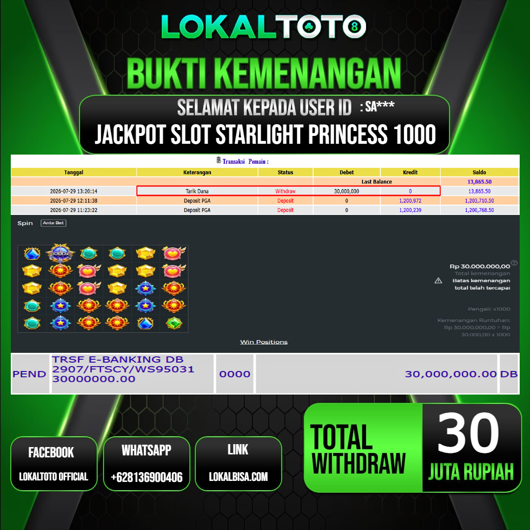 LOKALTOTO JACKPOT SLOT STARLIGHT PRINCESS 1000 RP.30.000.000.,- LUNAS USER ID : SA***