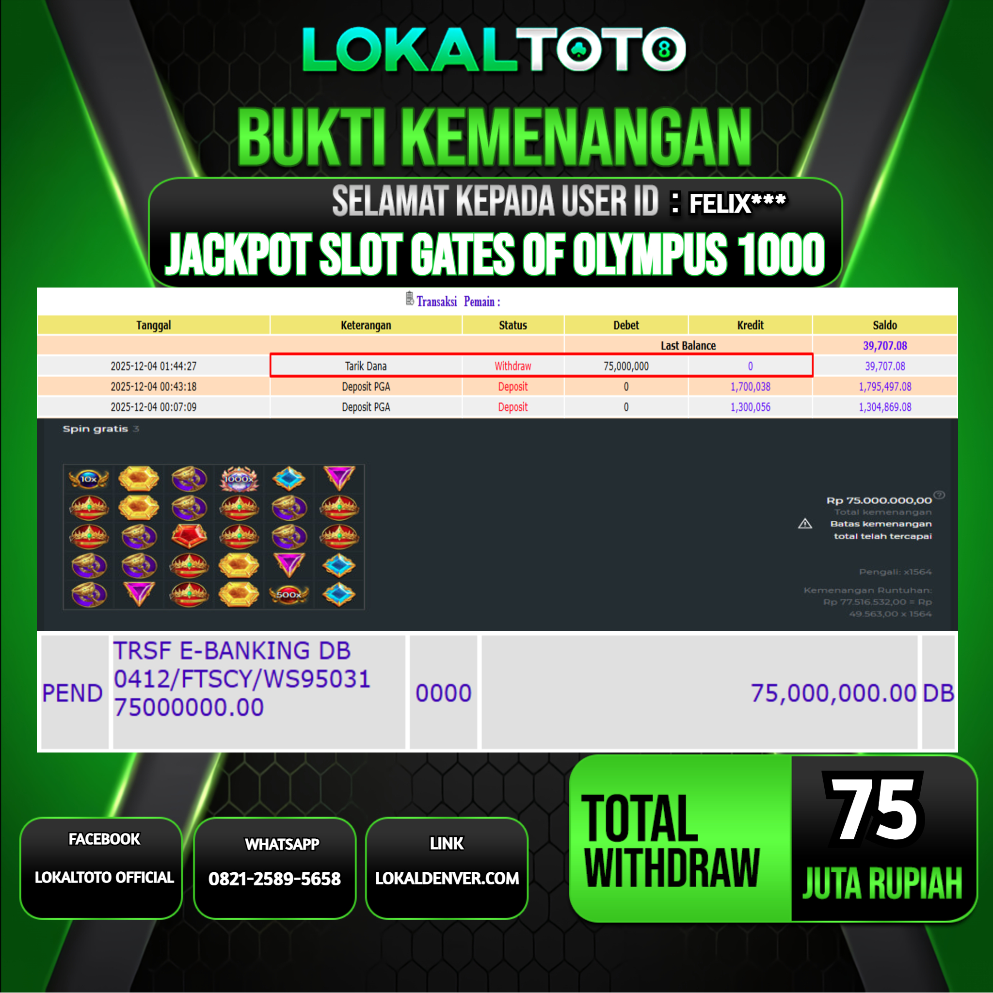 LOKALTOTO JACKPOT SLOT GATES OF OLYMPUS 1000 RP.75.000.000.,- LUNAS USER ID  :  FELIX***