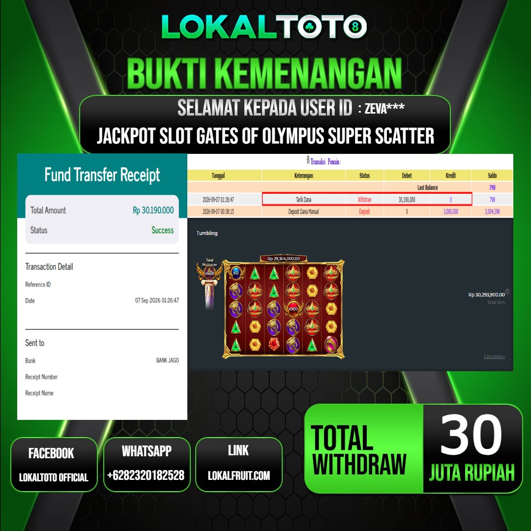 LOKALTOTO JACKPOT SLOT GATES OF OLYMPUS SUPER SCATTER RP.30.000.000.,- LUNAS USER ID : ZEVA***