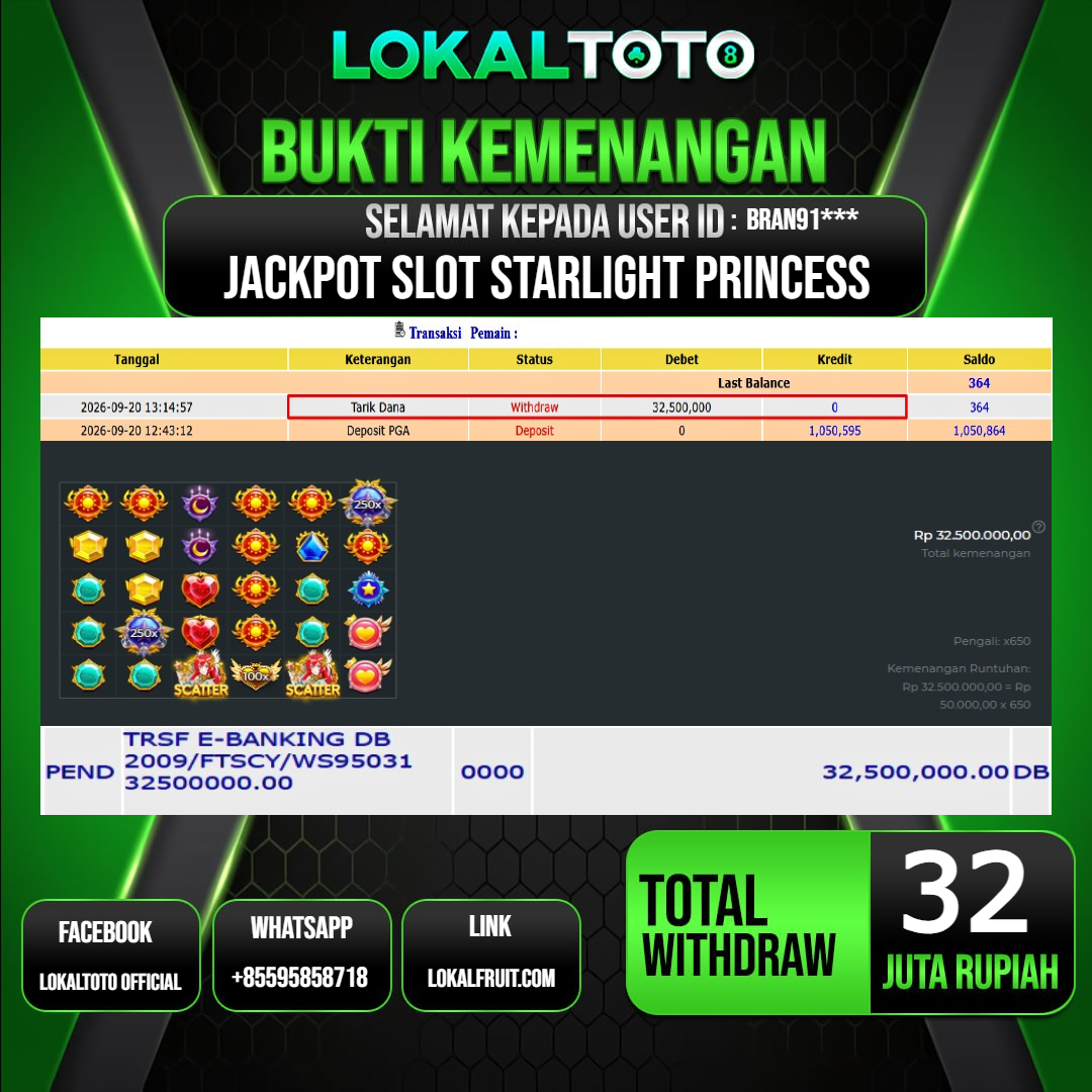 LOKALTOTO JACKPOT SLOT STARLIGHT PRINCESS RP.32.000.000.,- LUNAS USER ID : BRAN91***