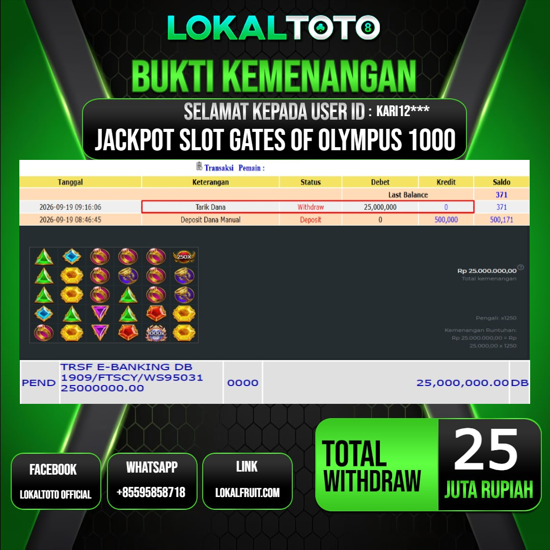 LOKALTOTO JACKPOT SLOT GATES OF OLYMPUS 1000 RP.25.000.000.,- LUNAS USER ID : KARI12***