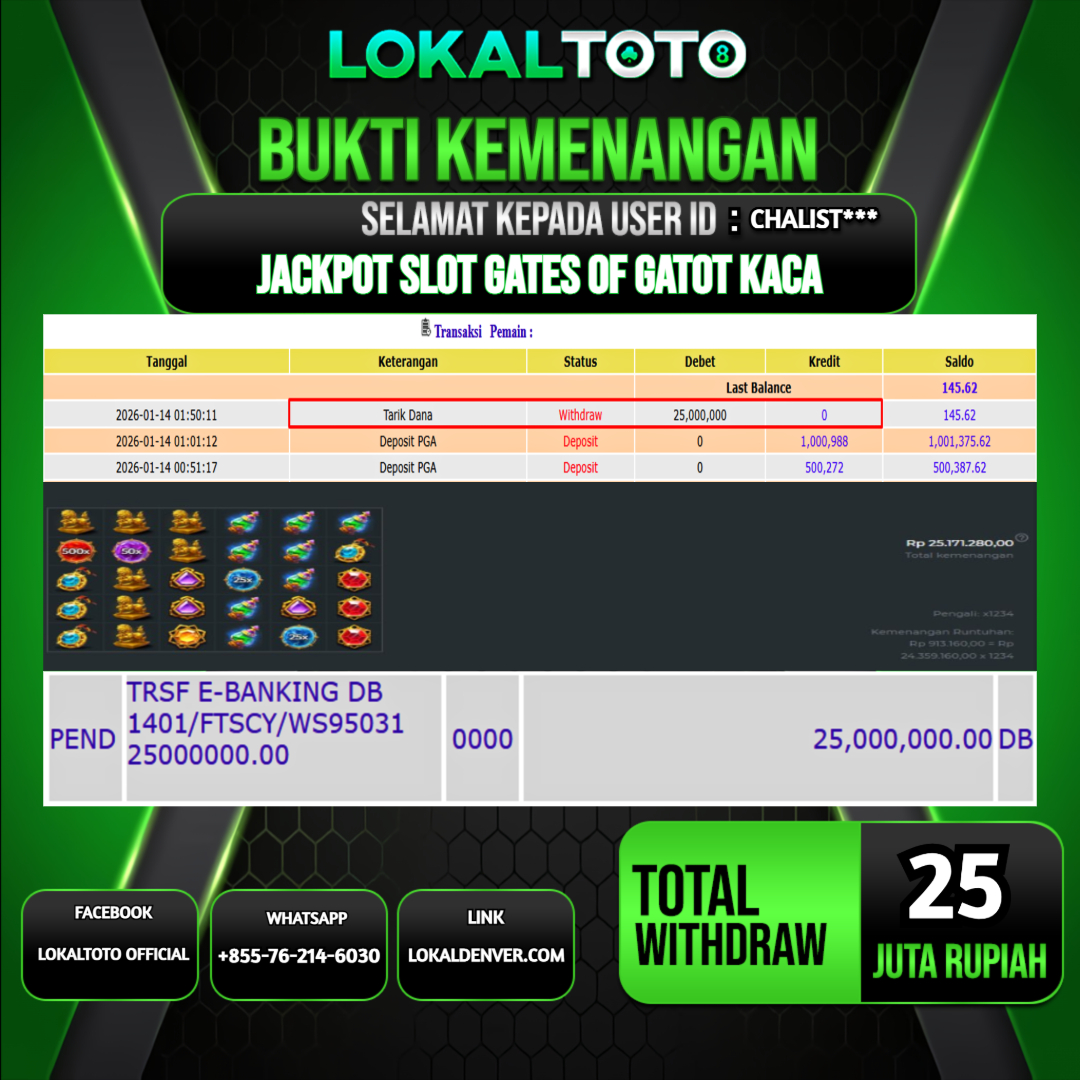 LOKALTOTO JACKPOT SLOT GATES OF GATOT KACA RP.25.000.000.,- LUNAS USER ID  : CHALIST***