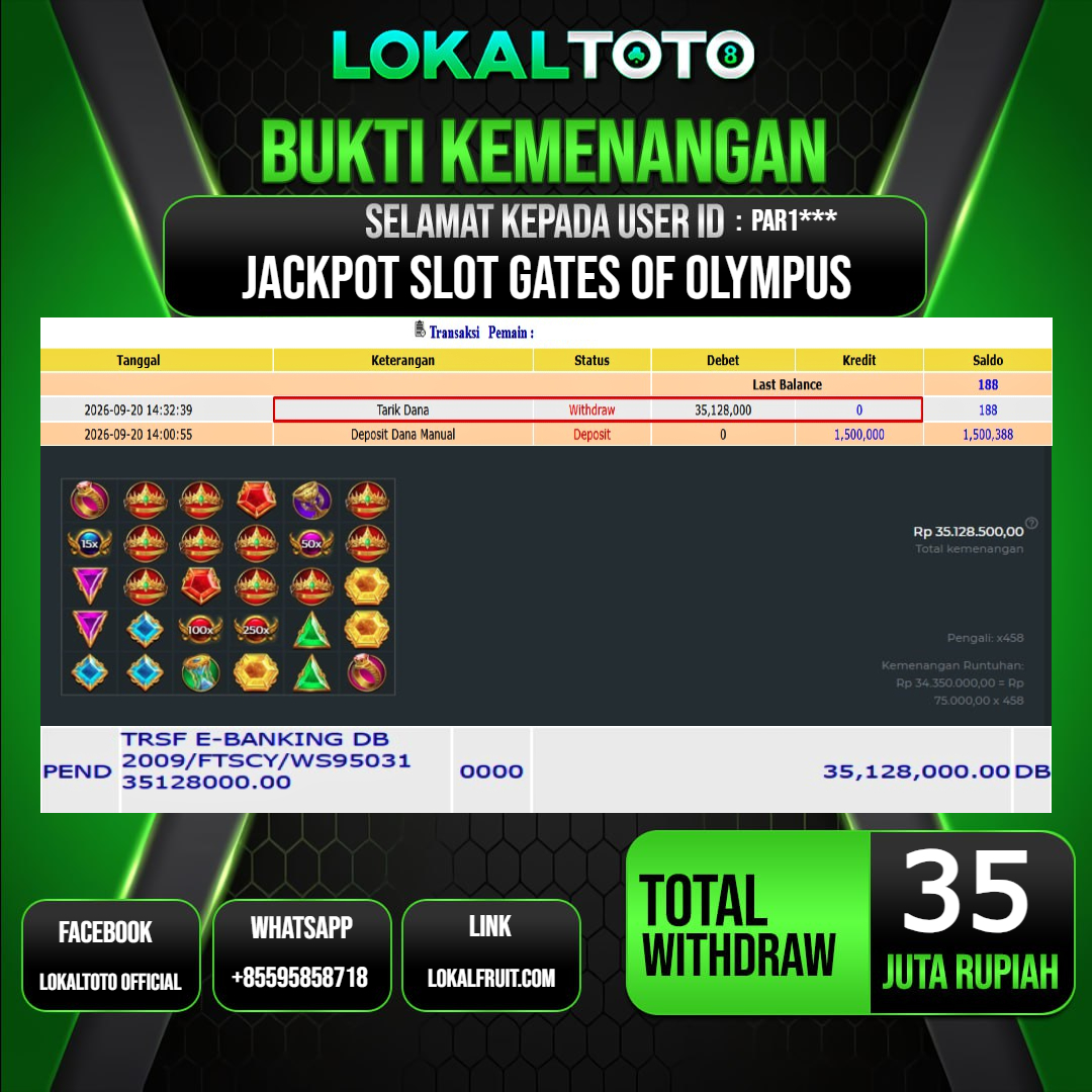 LOKALTOTO JACKPOT SLOT GATES OF OLYMPUS RP.35.000.000.,- LUNAS USER ID : PAR1***