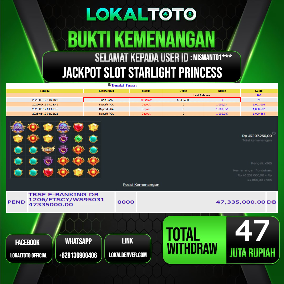 LOKALTOTO  JACKPOT SLOT STARLIGHT PRINCESS RP.47.000.000.,- LUNAS USER ID  : MISWANTO1***
