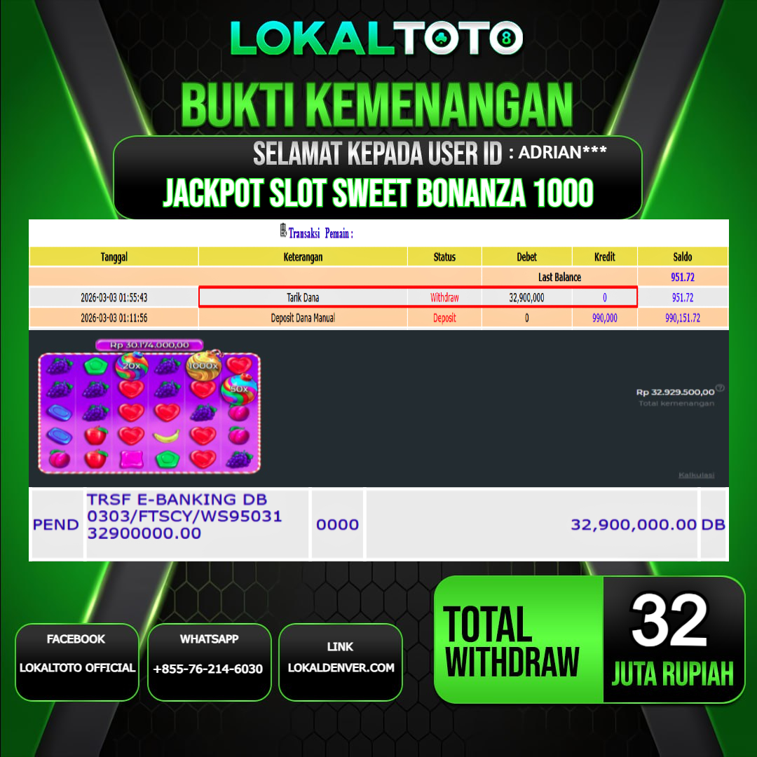 LOKALTOTO JACKPOT SLOT SWEET BONANZA 1000 RP.32.000.000.,- LUNAS USER ID  : ADRIAN***