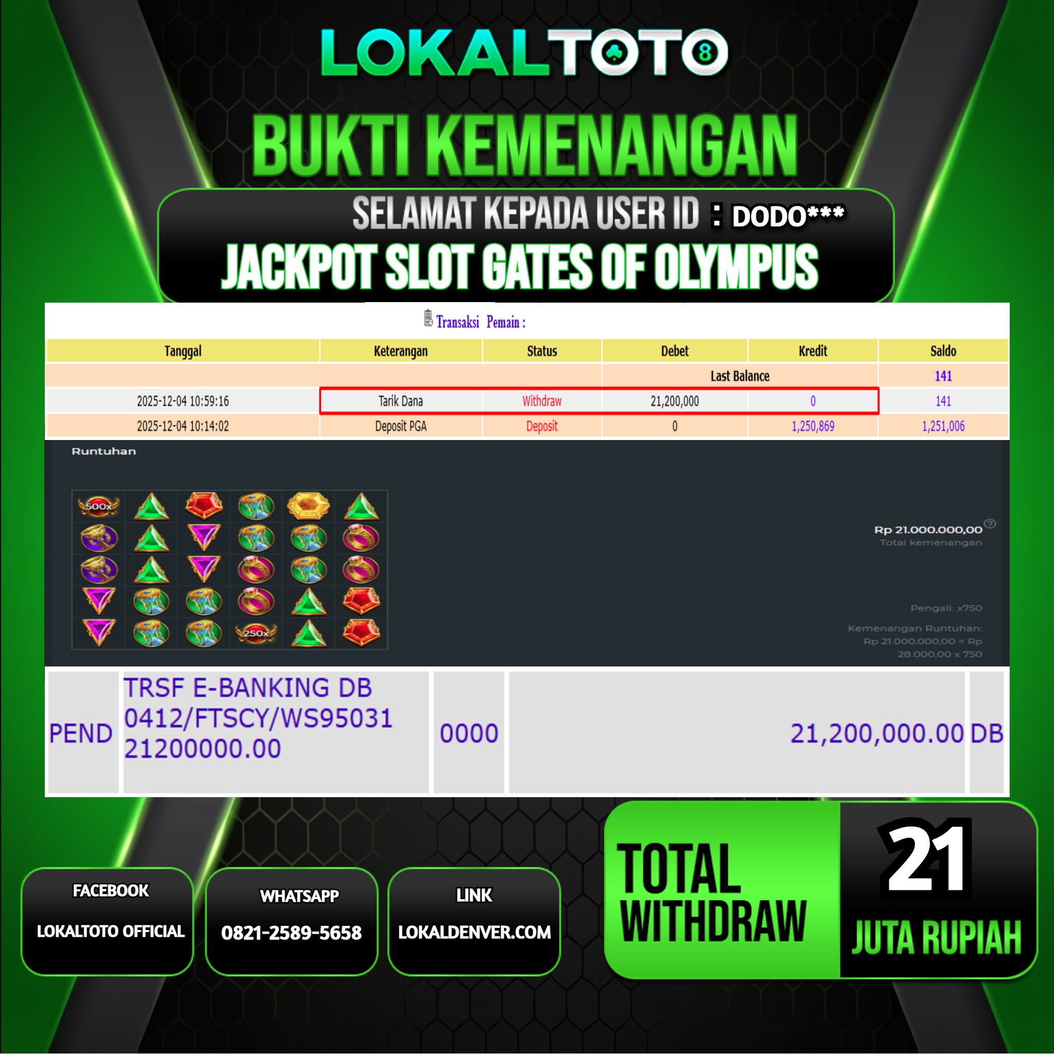 LOKALTOTO JACKPOT SLOT GATES OF OLYMPUS RP.21.000.000.,- LUNAS USER ID  :  DODO***