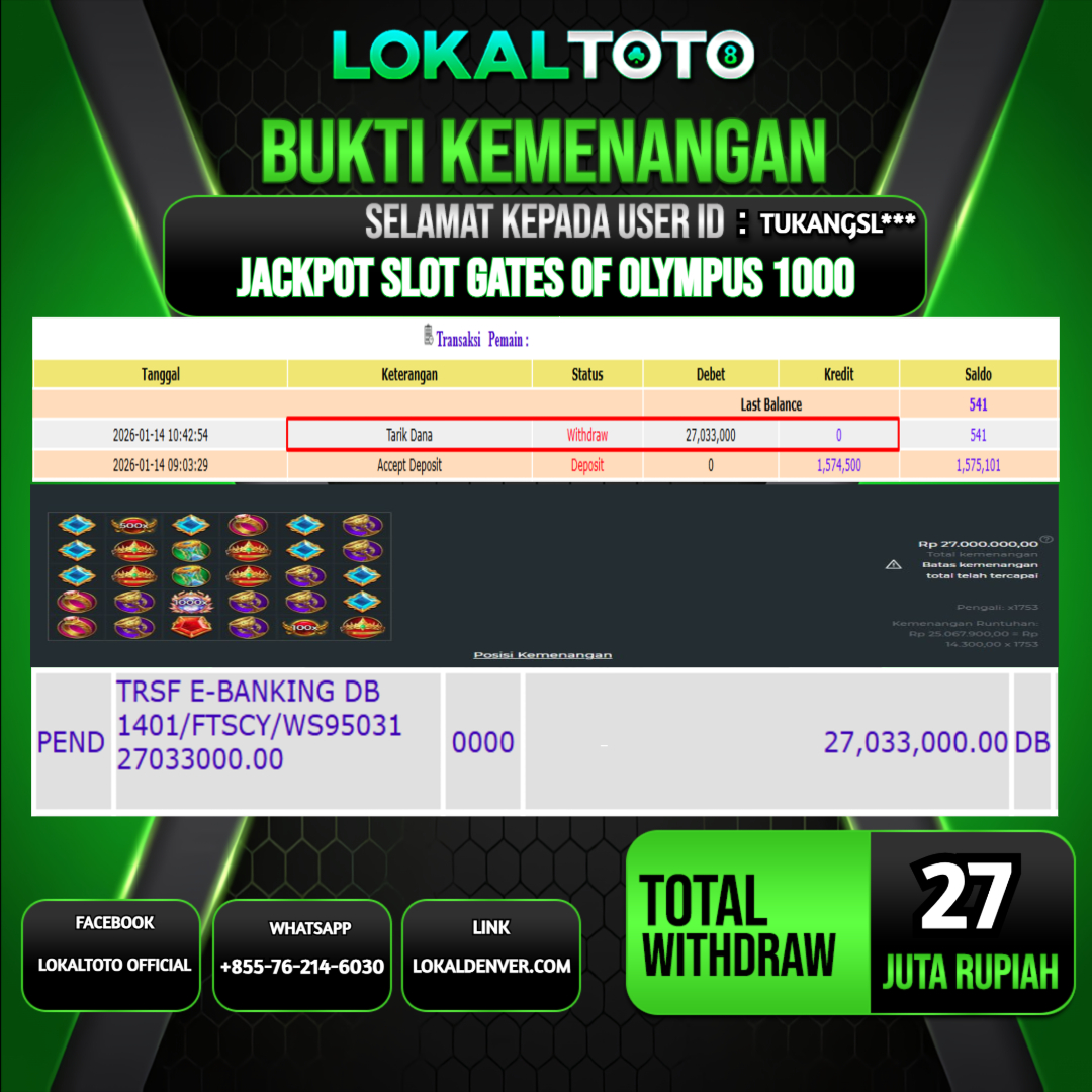 LOKALTOTO JACKPOT SLOT GATES OF OLYMPUS 1000 RP.27.000.000.,- LUNAS USER ID  : TUKANGSL***
