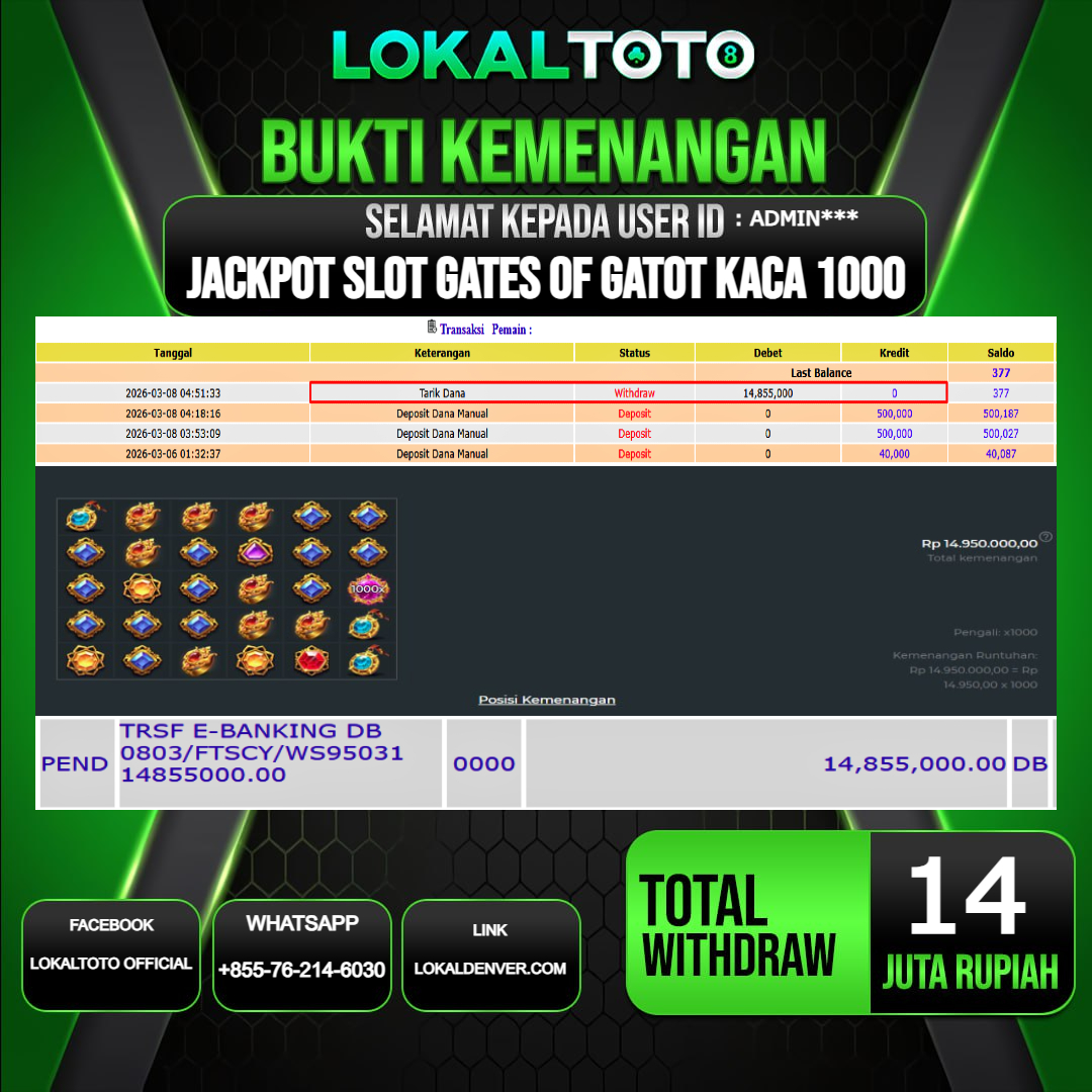 LOKALTOTO JACKPOT SLOT GATES OF GATOT KACA 1000 RP.14.000.000.,- LUNAS USER ID  : ADMIN***