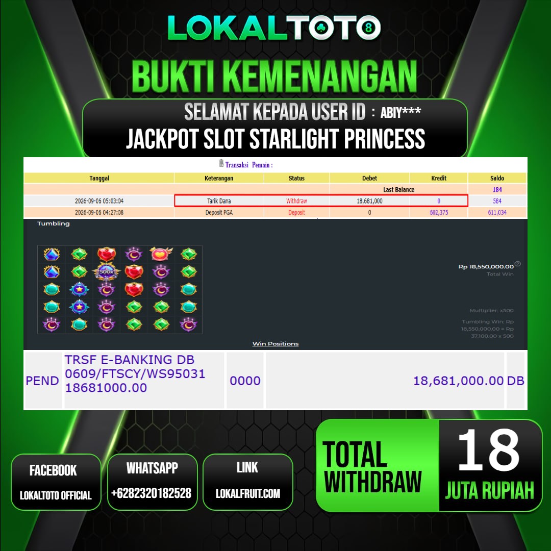 LOKALTOTO JACKPOT SLOT STARLIGHT PRINCESS RP.18.000.000.,- LUNAS USER ID : ABIY***