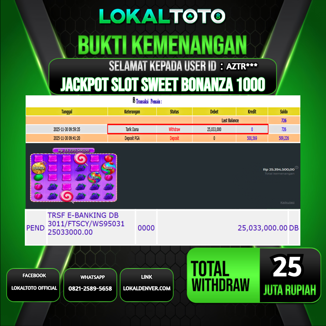 LOKALTOTO JACKPOT SLOT SWEET BONANZA 1000 RP.25.000.000.,- LUNAS USER ID  :  AZTR***