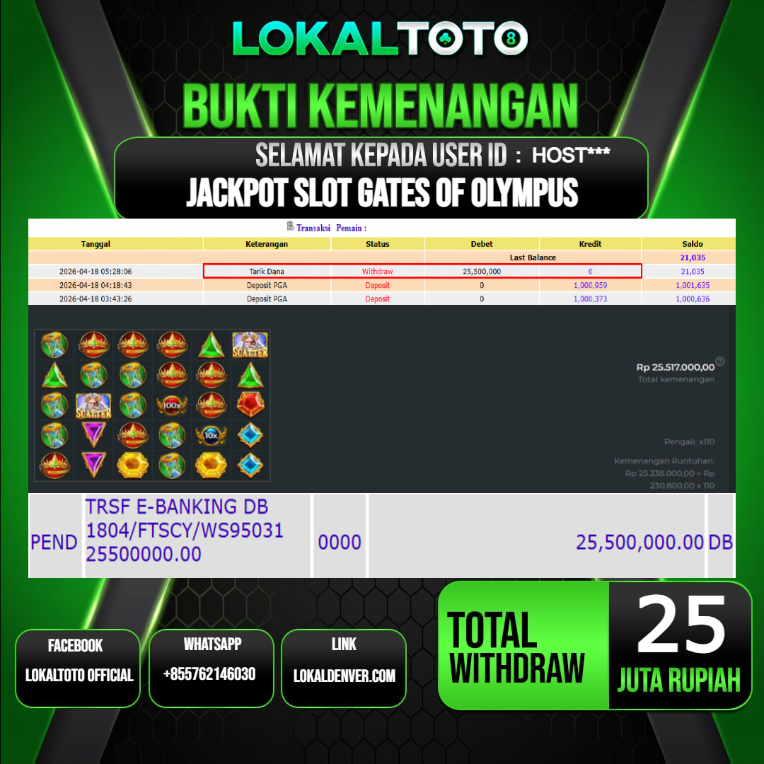 LOKALTOTO JACKPOT SLOT GATES OF OLYMPUS RP.25.000.000.,- LUNAS USER ID  : HOST***