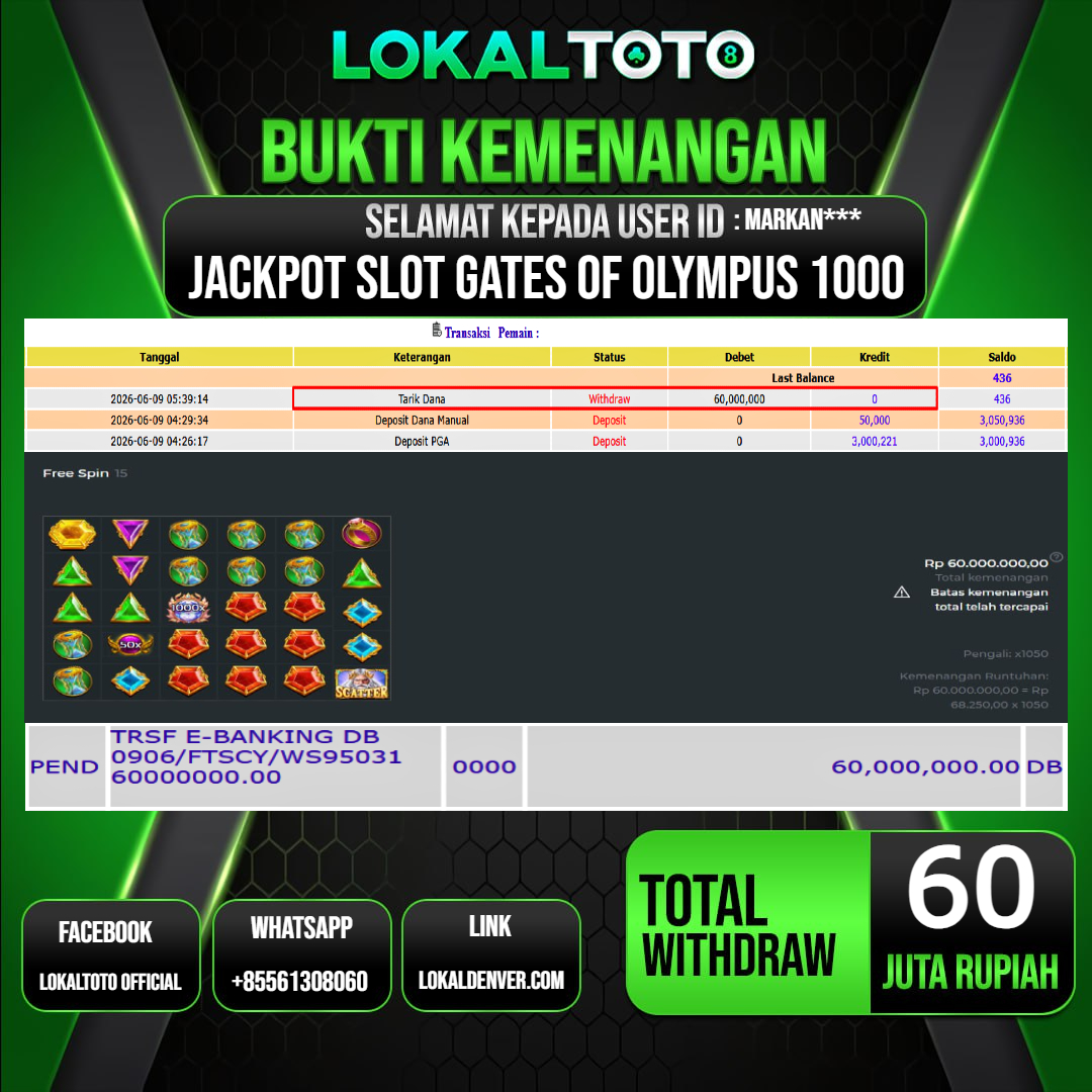 LOKALTOTO  JACKPOT SLOT GATES OF OLYMPUS 1000 RP.60.000.000.,- LUNAS USER ID  : MARKAN***