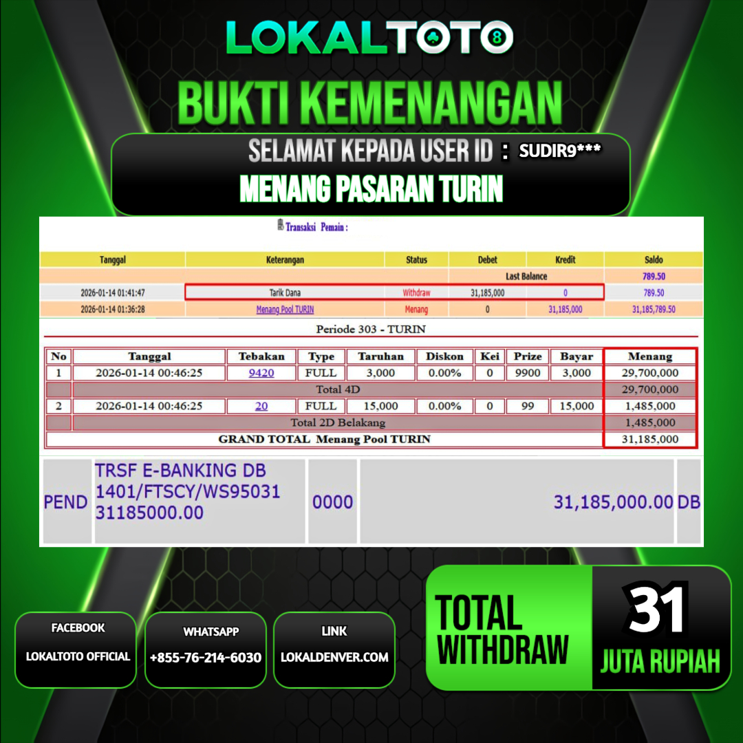 LOKALTOTO JACKPOT PASARAN TURIN RP.31.000.000.,- LUNAS USER ID  : SUDIR9***