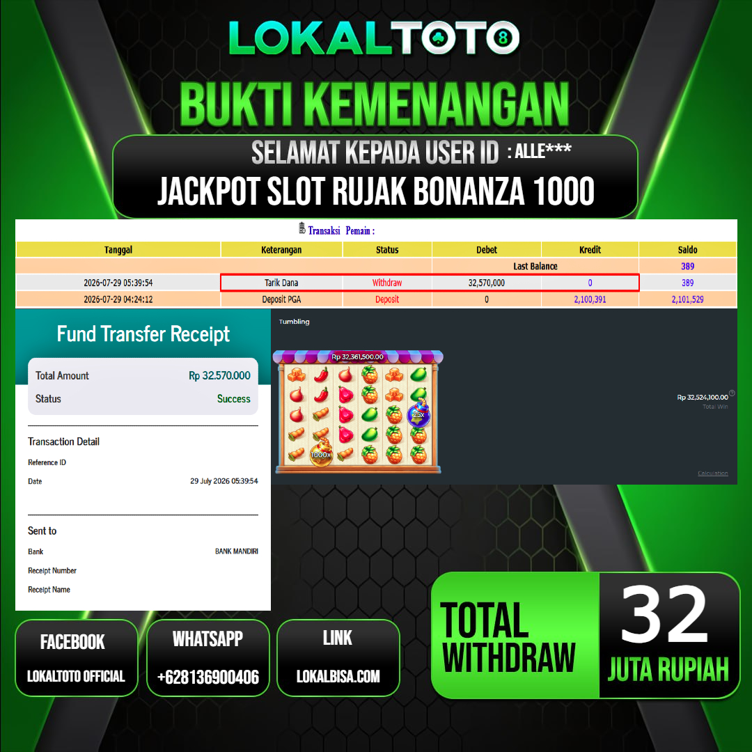 LOKALTOTO JACKPOT SLOT RUJAK BONANZA 1000 RP.32.000.000.,- LUNAS USER ID : ALLE***