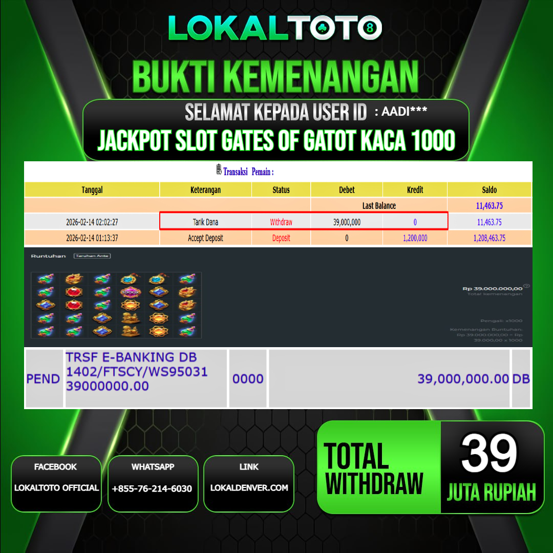 LOKALTOTO JACKPOT SLOT GATES OF GATOT KACA 1000  RP.39.000.000.,- LUNAS USER ID  : AADI***