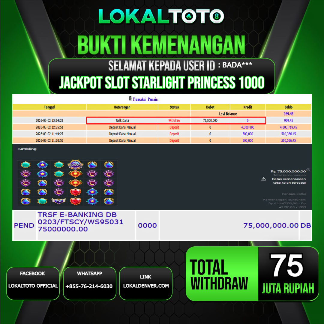 LOKALTOTO JACKPOT SLOT STARLIGHT PRINCESS 1000 RP.75.000.000.,- LUNAS USER ID  : BADA***
