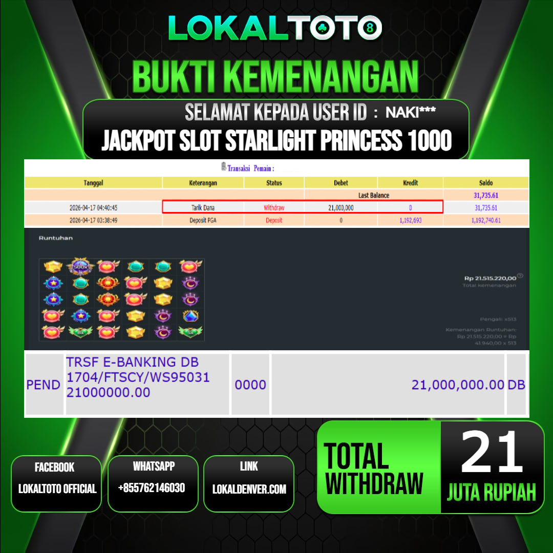 LOKALTOTO JACKPOT SLOT STARLIGHT PRINCESS 1000 RP.21.000.000.,- LUNAS USER ID  : NAKI***