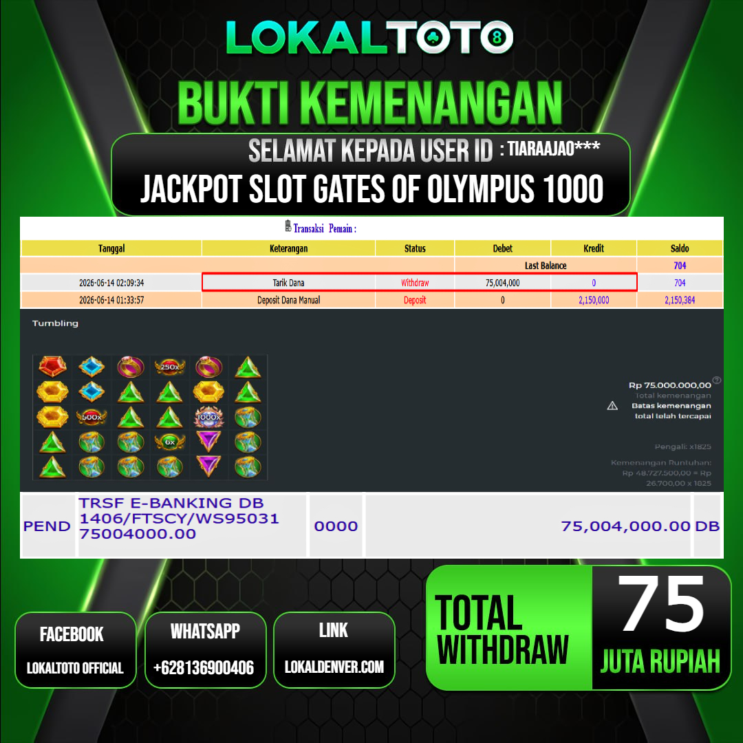 LOKALTOTO  JACKPOT SLOT GATES OF OLYMPUS 1000 RP.75.000.000.,- LUNAS USER ID  : TIARAAJA0***