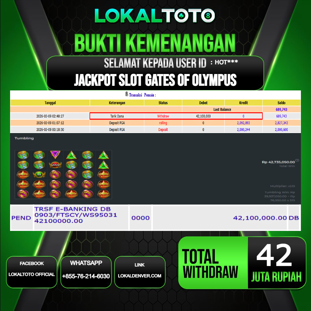 LOKALTOTO JACKPOT SLOT GATES OF OLYMPUS RP.42.000.000.,- LUNAS USER ID  : HOT***